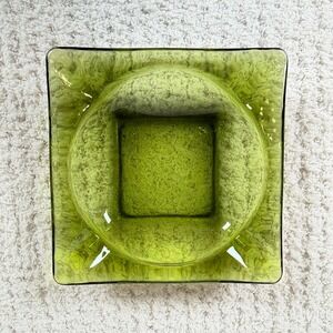 Vintage Green Glass Ashtray Retro Mid Century Modern Square Shape